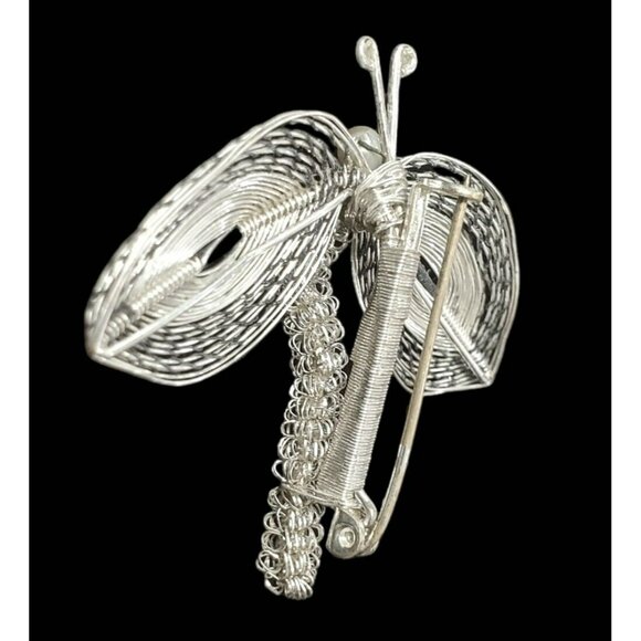 VTG Spun Butterfly Brooch Pin Silver Tone Woven Wire Dragon Fly Moth Faux Pearl - Picture 2 of 6